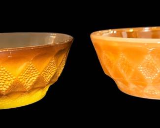 vintage Anchor Hocking Fire-King Kimberly Diamond Pattern Bowls in milk glass with an ombre or orange finish And one in iridescent carnival glass
