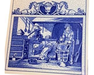 classic blue-and-white ceramic piece appears to be a vintage Delft pharmacy pill tile titled "The Pharmacist's Laboratory," originally commissioned by Burroughs Wellcome & Co