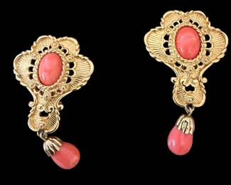 vintage Jose Maria Barrera for Avon faux coral dangle earrings featuring an ornate gold-tone filigree design with salmon-pink cabochons and matching teardrop drops