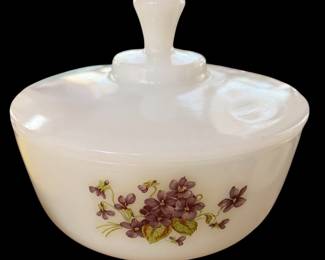 vintage white milk glass lidded casserole or serving dish featuring purple violets