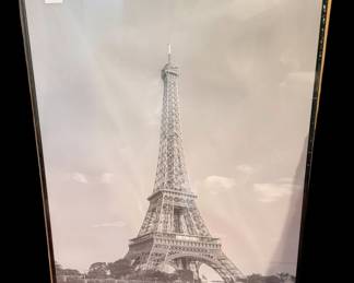 a large black-and-white framed print of the Eiffel Tower in Paris over the Seine River/new