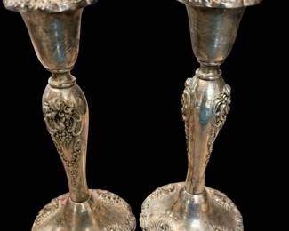 vintage pair of Godinger 20th Century Baroque Silverplate Candlesticks featuring ornate grape cluster and scroll relief details