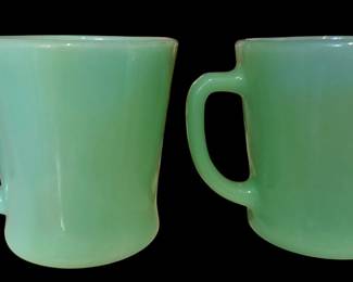 vintage Fire-King jadeite D-handle coffee mugs produced by Anchor Hocking in the mid-20th century