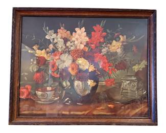 This framed print is a vintage floral still life artwork by the artist A. Fabenlicky