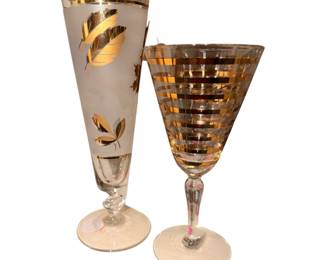 vintage mid-century modern Libbey "Golden Foliage" frosted pilsner glass with 22k gold leaf accents vintage clear glass pedestal goblet featuring horizontal gilded gold stripe bands in a mid-century modern style