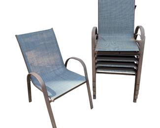 set of outdoor stackable patio armchairs featuring brown powder-coated metal frames and blue-grey textilene mesh sling fabric/6