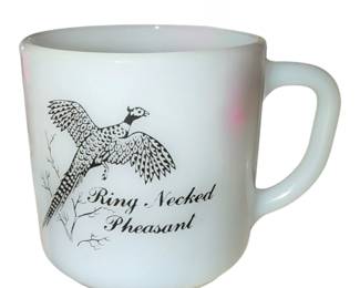vintage Federal Glass milk glass mug features a charming black ink illustration of a ring-necked pheasant with script lettering