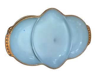 a vintage Fire-King Oven Ware 3-Section Relish Dish in pale blue milk glass (often called delphite or turquoise blue) featuring a distinctive gold beaded or trim edge