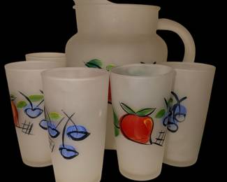hand-painted Gay Fad fruit juice set, Hazel Atlas glass tumblers and big pitcher