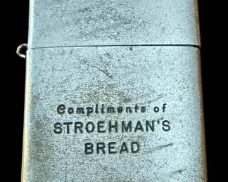 vintage, flip-top petrol lighter manufactured by Halco, customized as a promotional advertising piece for Stroehmann's Bread