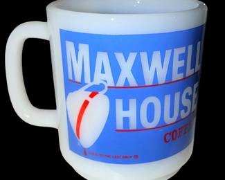 vintage milk glass advertising coffee mug featuring the Maxwell House logo and their classic slogan, "Good to the Last Drop."