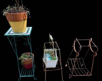 vintage or retro metal and wrought iron plant stands with weathered finishes