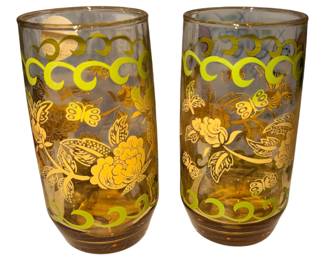 6 vintage glass tumblers featuring a retro floral and butterfly design with yellow and green accents