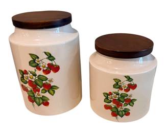 Vintage Hyalyn Pottery Kitchen Strawberry 2 Cannisters Wooden Lids