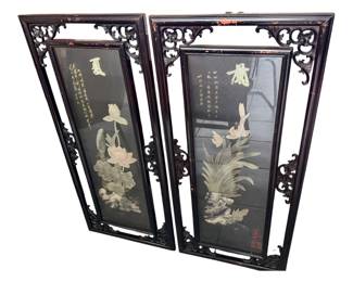 vintage Chinese hardstone and soapstone inlay wall panels featuring floral motifs