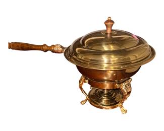 chafing dish and food warmer set featuring a wooden handle and ornate animal-paw or lion-accented legs