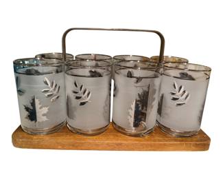 vintage mid-century modern Libbey Silver Leaf Frosted Glasses Set complete with a wooden and metal caddy.