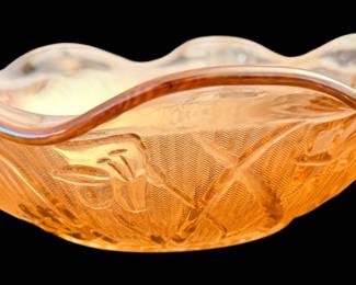 vintage marigold iridescent carnival glass ruffled bowl in the "Iris & Herringbone" pattern by the Jeannette Glass Company