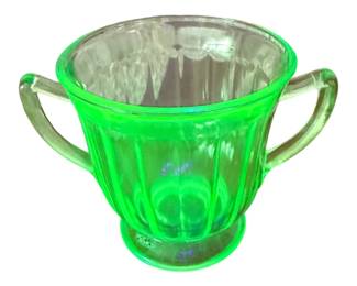 vintage green uranium glass double-handled open sugar bowl/1930’s