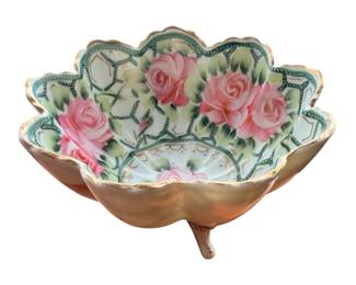 Antique Nippon 5.5” Moriage Bowl Footed Hand Painted Pink Floral Gilded Japan