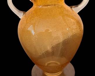 Vintage Hand Blown Murano Bulbous Bubble Glass Vase Italy Yellow Amber 9.5" Tall