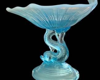 Antique Northwood Turquoise Opalescent Glass Dolphin Fish Compote Candy Dish