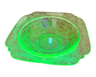 vintage green uranium depression glass octagonal oil and vinegar cruet with a matching stopper.