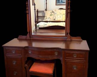 a vintage mahogany vanity and dressing table complete with a matching swivel mirror and stool
