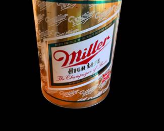 vintage Miller High Life Beer Trash Can featuring the iconic gold and green "Champagne of Beers" branding