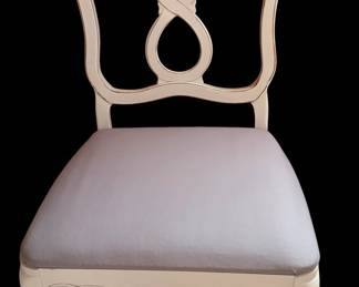 Four French provincial dining room side chairs, freshly painted with newly covered seats