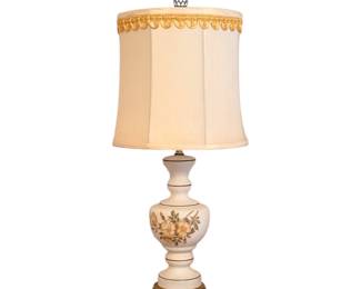 a vintage hand-painted floral table lamp featuring an ivory and white ceramic or glass body with gold trim, paired with a bell-shaped fabric shade