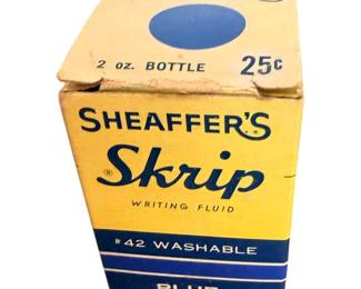 This is a vintage 1950s box of Sheaffer's Skrip #42 Washable Blue Writing Fluid ink. 