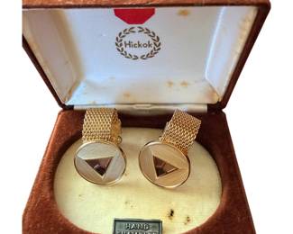 pair of vintage Hickok USA Gold-Plated Cufflinks with hand-enameled geometric triangle details and gold mesh wrap-over backs, presented in their original branded box