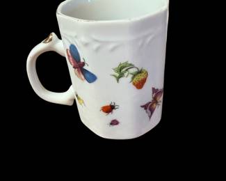 This is a vintage Lenwile Ardalt Porcelain Coffee Mug featuring hand-painted strawberries, butterflies, and ladybugs with a gold trim. 4