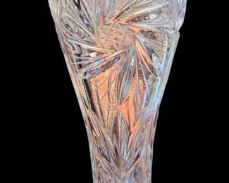 vintage cut-crystal trumpet pedestal vase featuring an intricate pinwheel and starburst geometric pattern