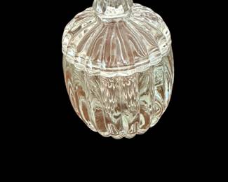 Just time for Halloween! This is a vintage clear glass lidded jar, often referred to as a pumpkin or "National" pattern candy, jam, or relish jar made by the Jeannette Glass Company during the 1940s to 1950s.