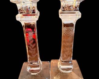 Pair Westmoreland Glass #1012 Tall Square CandleSticks w/Cutting Circa 1910-1930