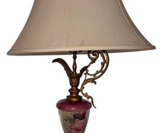 antique hand-painted porcelain and gilt metal table lamp Neoclassical urn/pitcher style with floral motifs and ornate scrolling handles