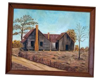 This painting features a rustic, weathered wooden homestead, signed in the lower-left corner by an artist named Jovee Newman.