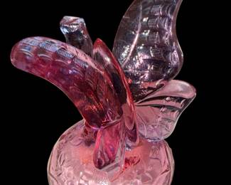 Vintage Fenton Pink Dusty Rose Butterly on Branch Ring Holder Jewelry Holder Retro Glass Decor