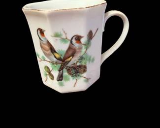 vintage octagonal porcelain teacup or mug featuring hand-painted songbirds/3