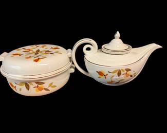 vintage Hall China Aladdin Teapot in the popular Autumn Leaf (Jewel Tea) pattern With a casserole in the same pattern