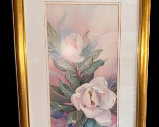 This artwork is a vintage botanical print titled "Classic Magnolia B" by the well-known American floral and impressionist artist Barbara Mock.
