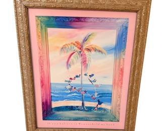 This is a 2005 art print "If You Believe in Woman—Hold My Hand" from the Power of Woman Series by artist Jane Evershed. The whimsical, colorful watercolor scene shows figures joining hands in a circle around a pastel-tinted palm tree by the ocean, with the titular quote printed along the lower border. It is set inside a wide, ornate metallic gold frame with a pink mat border.