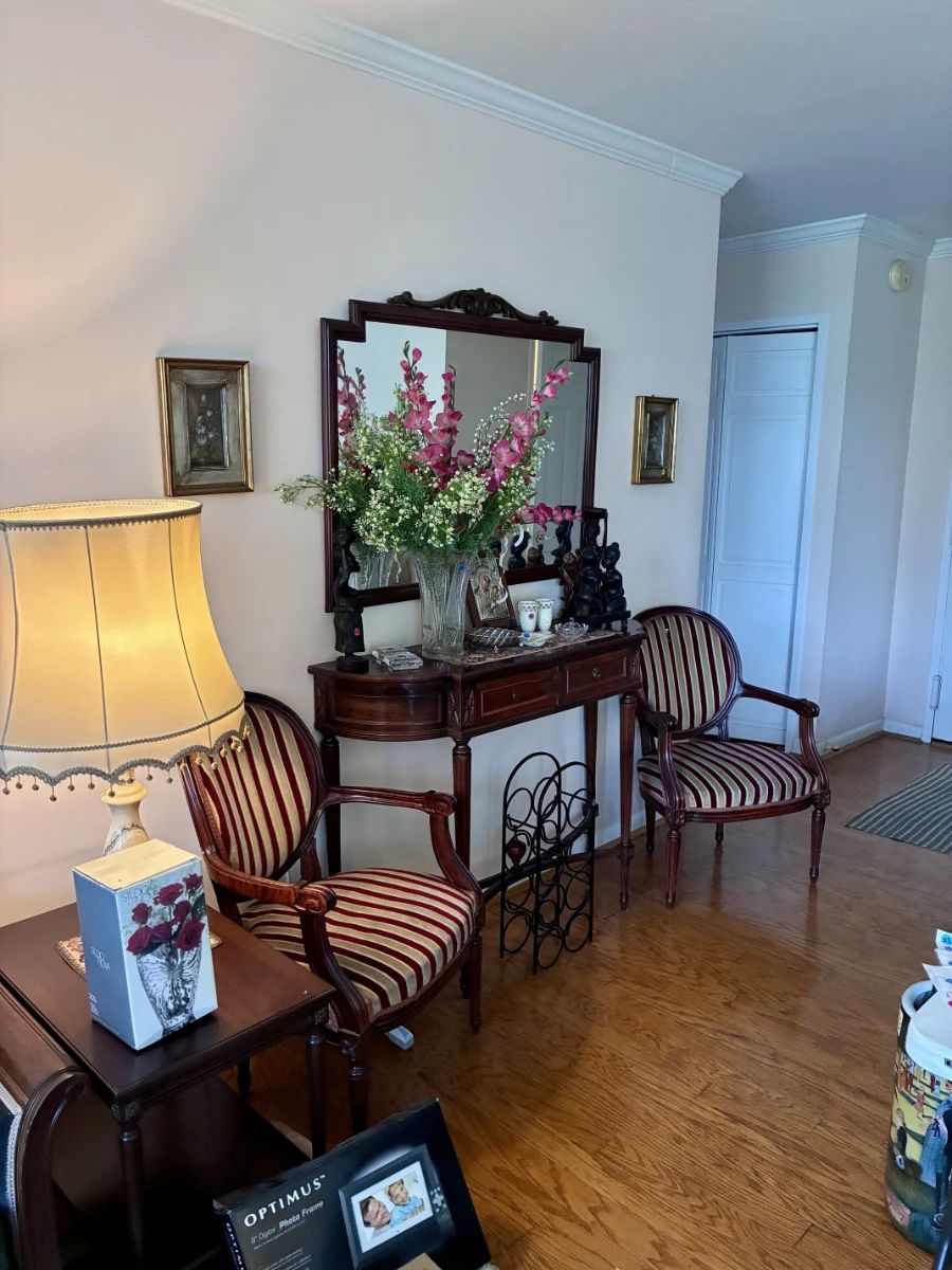 entryway table, mirror, armchairs (see also two other matching side chairs in other photo)