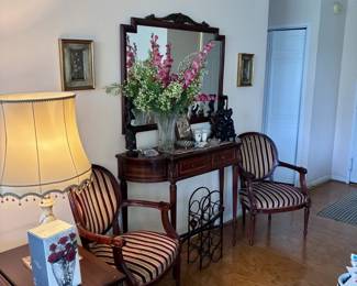 entryway table, mirror, armchairs (see also two other matching side chairs in other photo)