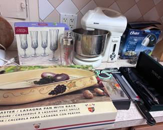 roaster, champagne glass set, blender, stand mixer, Towle cake knife and more