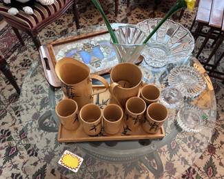 Coffee table, bamboo drinkware set, glass items, tray with butterfly wing inlay, probably from Brazil