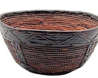 Antique West African Coiled Basket with Leather