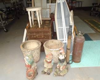 Heavy vintage garden gnomes, Fire extinguisher & hose